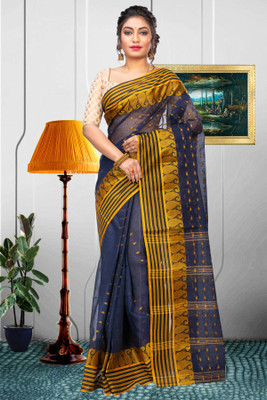 DipDiya Self Design, Striped Tant Pure Cotton Saree(Dark Blue)