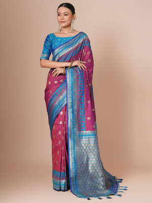 House of Pataudi Woven Paithani Silk Blend Saree(Magenta)