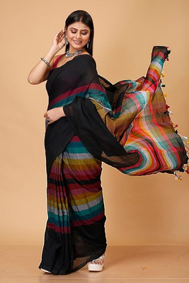 MAAKALITEX Striped, Checkered, Printed, Woven Bollywood Cotton Linen Saree(Multicolor)