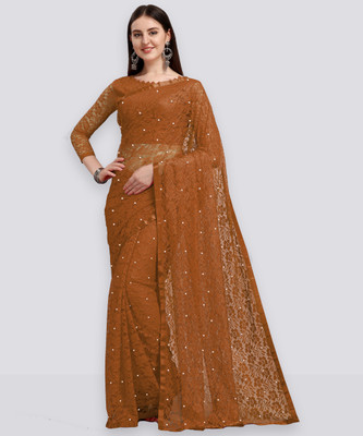 LOROFY Self Design Bollywood Net Saree(Brown)
