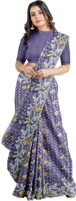 Krishneshwari Self Design Jamdani Pure Cotton Saree(Purple)