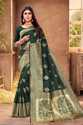 Homigoz Woven Kanjivaram Art Silk Saree(Dark Green)