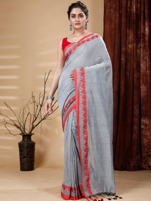 ADbutiq Solid/Plain Bollywood Handloom Pure Cotton Saree(White)