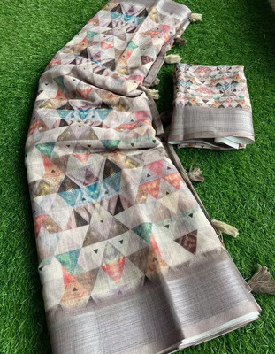 HouseOfCommon Digital Print Daily Wear Cotton Linen Saree(Multicolor)