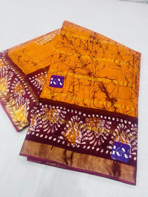 KRISHNA NX Printed Bandhani Pure Cotton Saree(Brown, Orange)