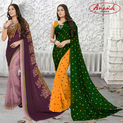Anand Sarees Floral Print Daily Wear Georgette Saree(Pack of 2, Purple, Beige, Multicolor)
