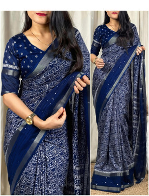 Sonika Fashions Printed Kalamkari Cotton Silk Saree(Dark Blue)