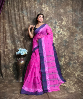 maa textile Woven Tant Cotton Blend Saree(Pink, Purple)