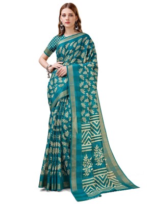 Bansi Ecom Printed Bollywood Cotton Silk Saree(Light Blue)