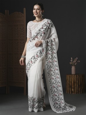 Divastri Printed Daily Wear Cotton Blend Saree(White)