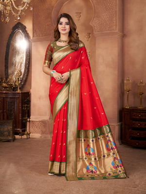 Pandadi Saree Printed Paithani Cotton Silk Saree(Red)