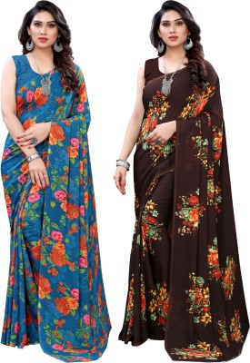 SIRIL Floral Print Bollywood Georgette Saree(Pack of 2, Blue, Brown)