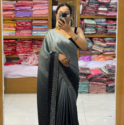 Mishti Self Design, Solid/Plain Handloom Chanderi Saree(Black, Grey)