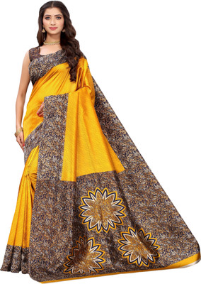 Fabwomen Floral Print Kalamkari Art Silk Saree(Yellow)