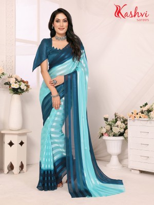 kashvi sarees Ombre, Striped, Self Design Bollywood Satin Saree(Blue, Light Blue)