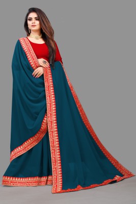 GUNHILD Self Design, Temple Border Banarasi Lycra Blend Saree(Dark Blue)