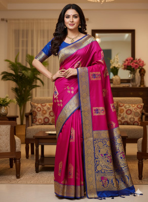 Sarkar Textiles Printed Baluchari Silk Blend Saree(Pink)