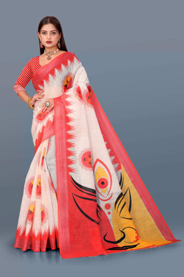 Ethnic Trendz Digital Print Saree with Attached Blouse Cotton Linen Saree(Multicolor)