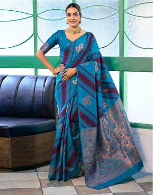 Satrani Woven, Embellished, Self Design Banarasi Silk Blend, Jacquard Saree(Blue, Purple, Gold)