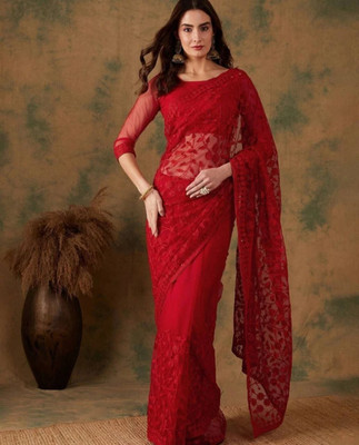 NIYANTAKSH Embroidered, Floral Print, Woven, Embellished Bollywood Net Saree(Red)
