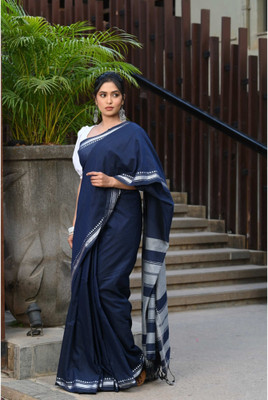 SAPTAK FASHION Solid/Plain, Embroidered Handloom Handloom Cotton Blend Saree(Dark Blue)