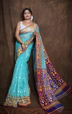 UR Affection Embroidered Jamdani Cotton Silk Saree(Light Blue)