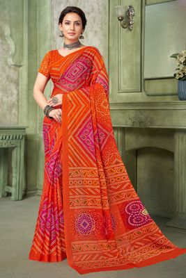 SainiVastra Printed Bandhani Chiffon Saree(Orange)