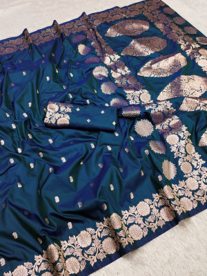 VISVASTA Woven, Printed, Embellished Banarasi Jacquard, Silk Blend Saree(Dark Blue)