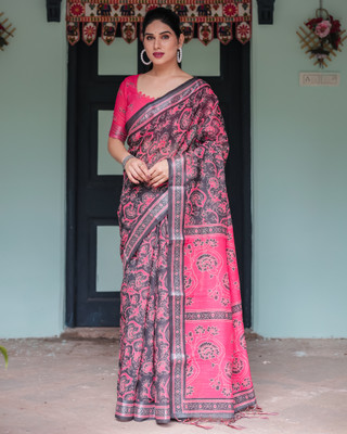 maharani couture Digital Print Handloom Cotton Linen Saree(Black)