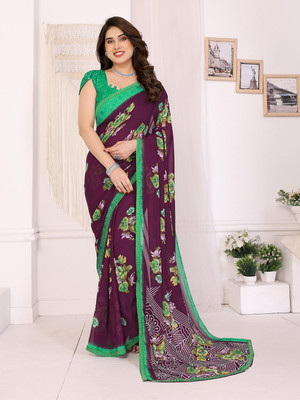 Anand Sarees Floral Print Saree with Attached Blouse Georgette, Lace Saree(Brown, Green)
