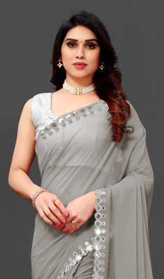 The Fashion Tax Embellished, Solid/Plain Banarasi Georgette Saree(Grey)