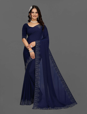 Harbhole Lace Border Solid/Plain Bollywood Georgette Saree(Blue)