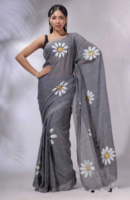 GLOWMOROUS Floral Print Handloom Pure Cotton Saree(Grey)