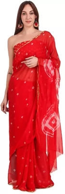 Sudarshana Geometric Print Bandhani Chiffon Saree(Red)