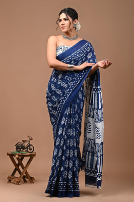 Divyam Printed Handloom Pure Cotton Saree(Blue)