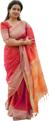 Jayashree Woven, Striped, Temple Border Handloom Cotton Blend Saree(Orange)