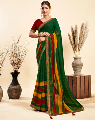 Samah Geometric Print, Printed, Embellished Daily Wear Chiffon Saree(Green)