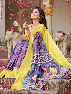 ZAMUNA Digital Print, Floral Print, Woven, Animal Print Banarasi Tussar Silk, Linen Saree(Blue, Yellow)