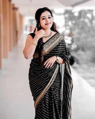otfit feb private limited Woven, Polka Print, Self Design Banarasi Silk Blend Saree(Black)