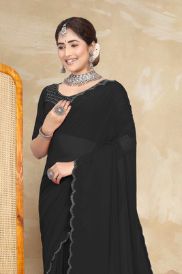 Divine Fabrics Solid/Plain Bollywood Georgette Saree(Black)