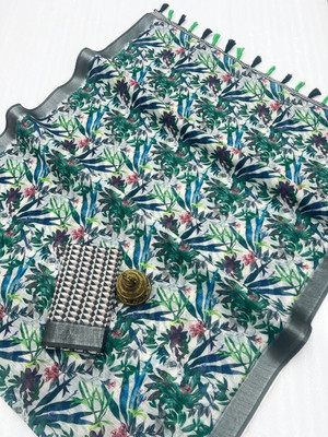 Margi Designers Floral Print Handloom Cotton Linen Saree(Multicolor)