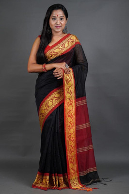 cloud vastra Woven Handloom Cotton Silk Saree(Black)