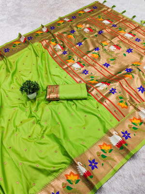 PANZORA Woven Paithani Cotton Silk Saree(Light Green)