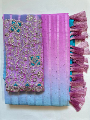 ABSilk Embellished Assam Silk Georgette Saree(Pink, Blue)