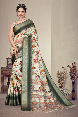 KB TEX Printed, Floral Print Dharmavaram Cotton Silk Saree(Dark Green)