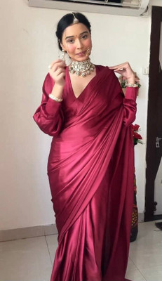 JATADHAR FAB Solid/Plain Ready to Wear Silk Blend Saree(Maroon)