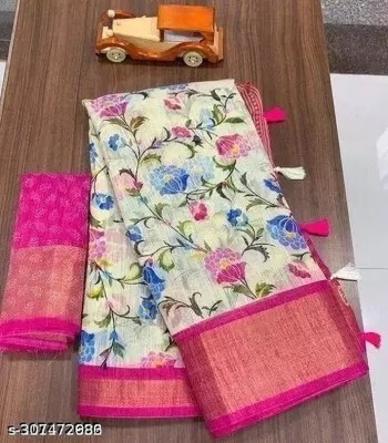 Grubstaker Printed Daily Wear Cotton Linen Saree(Pink)