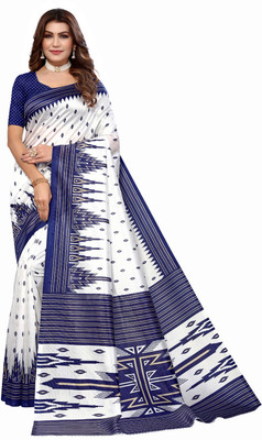 Grubstaker Printed Assam Silk Art Silk Saree(Blue)