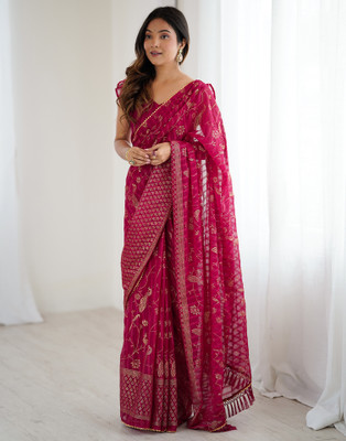 all about you Printed, Embellished Bollywood Chiffon, Georgette Saree(Red)