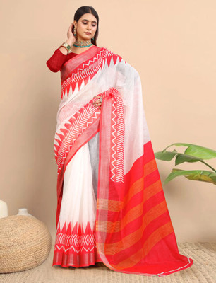 HouseOfCommon Printed Kanjivaram Pure Cotton, Cotton Linen Saree(White, Red)